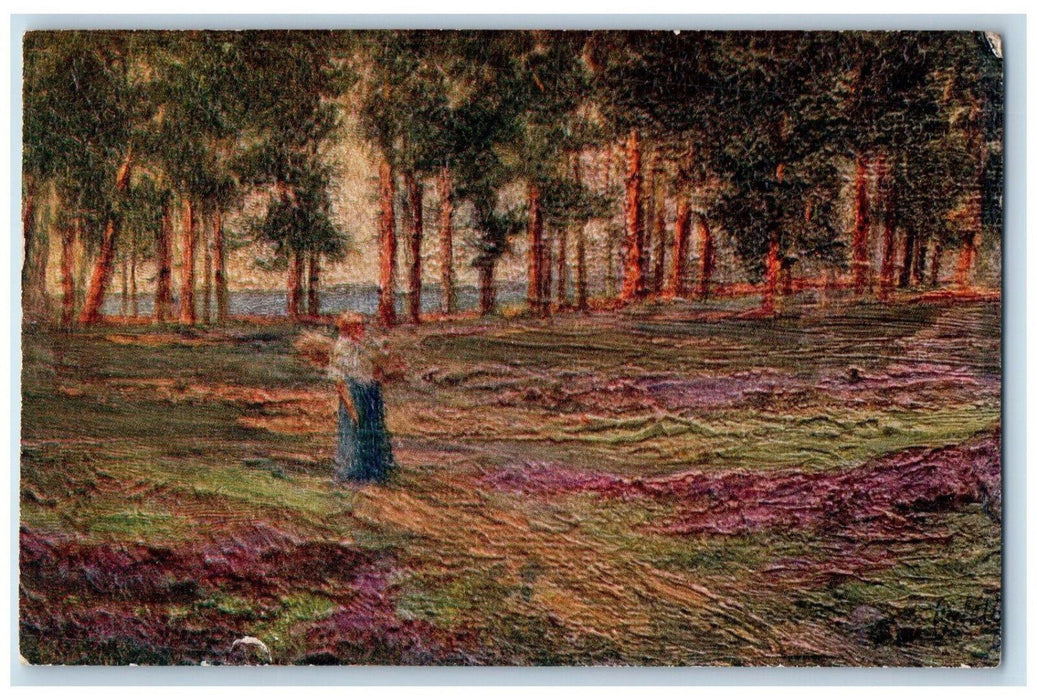 c1910 Woman Trees Golden Sunset London Oilfacsim Tuck Art Embossed Postcard