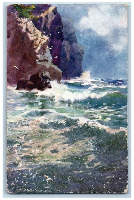 c1910 Sea Waves Cornish Cliffs Penwith England Oilette Tuck Art Postcard