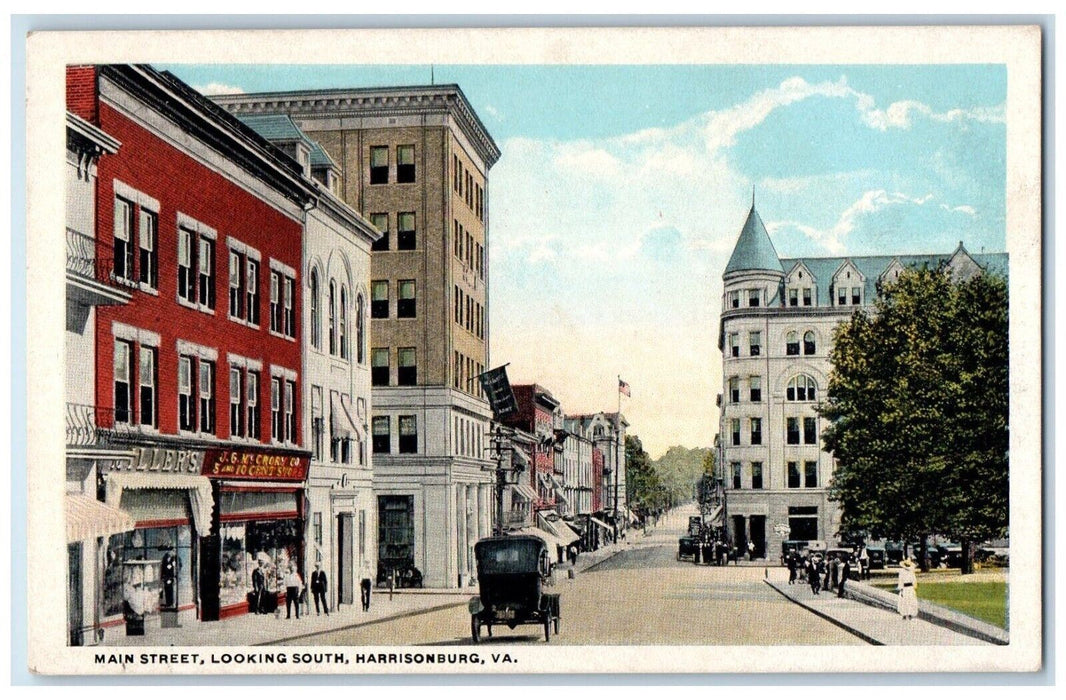 c1930's Main Street Looking South Stores Cars Harrisburg Virginia VA Postcard