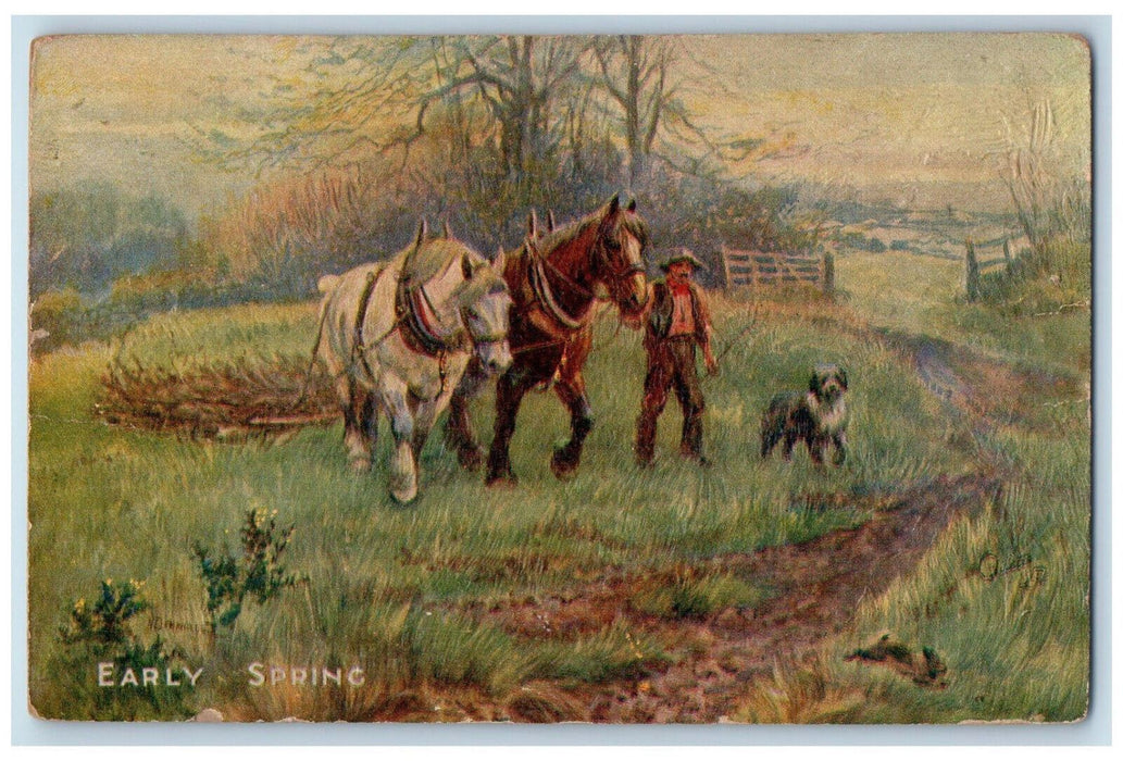c1910 Early Spring Horse Dog Man Faithful Friends Oilette Tuck Art Postcard