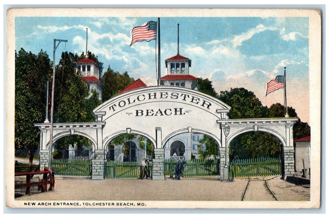 c1910's New Arch Entrance Flags Tolchester Beach Maryland MD Antique Postcard