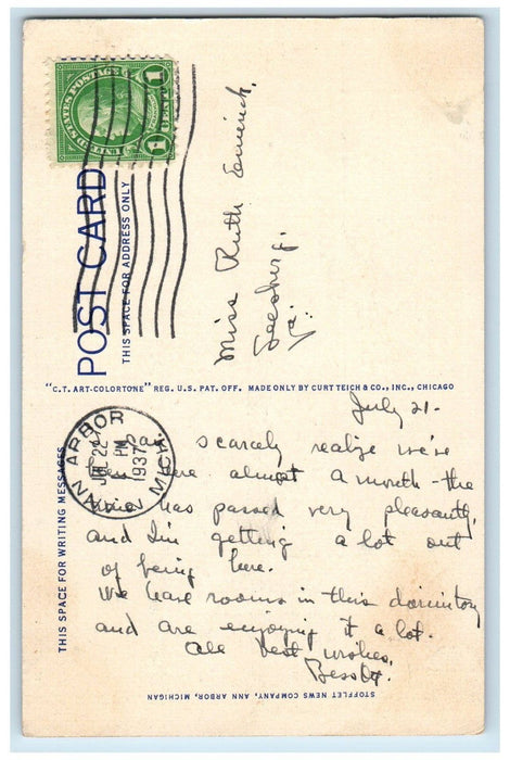 Mosher Jordan Hall Girls Dormitory University Maryland Ann Arbor MI Postcard