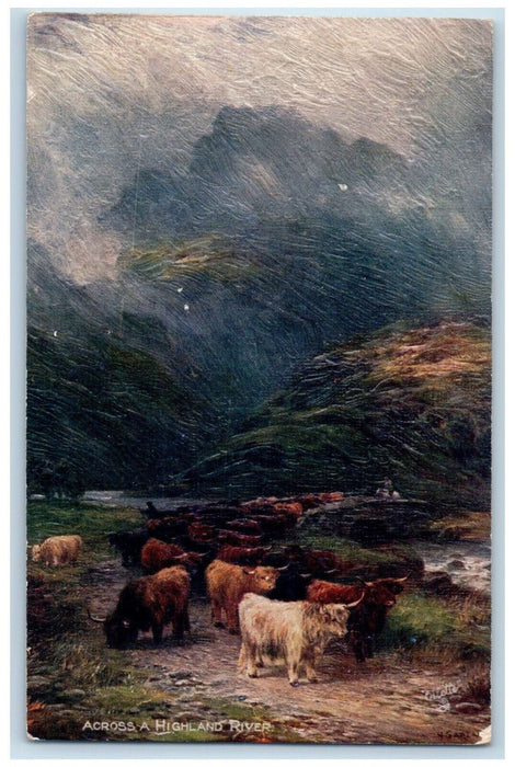 c1910 Animal Across Highland River Scottish Highlands Oilette Tuck Art Postcard