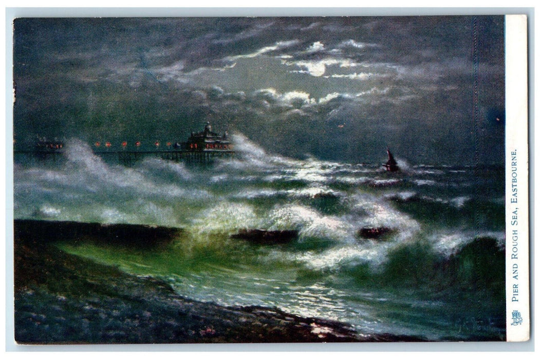 c1910 Pier and Rough Sea Eastbourne England Oilette Tuck Art Postcard