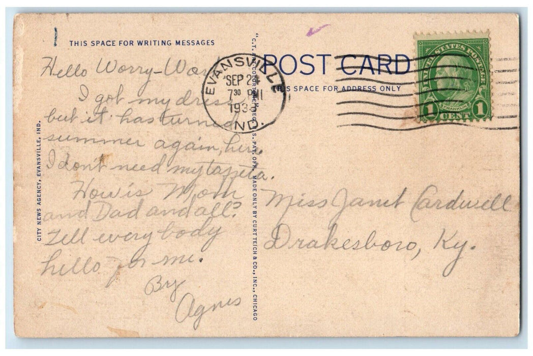 1938 View Of Dress Plaza Cars Garage Evansville Indiana IN Vintage Postcard