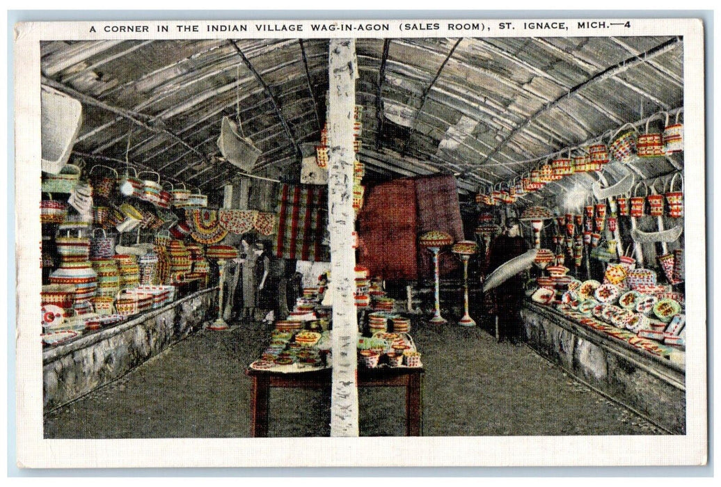1949 Corner In The Indian Village Wag-In-Agon Sales Room St. Ignace MI Postcard