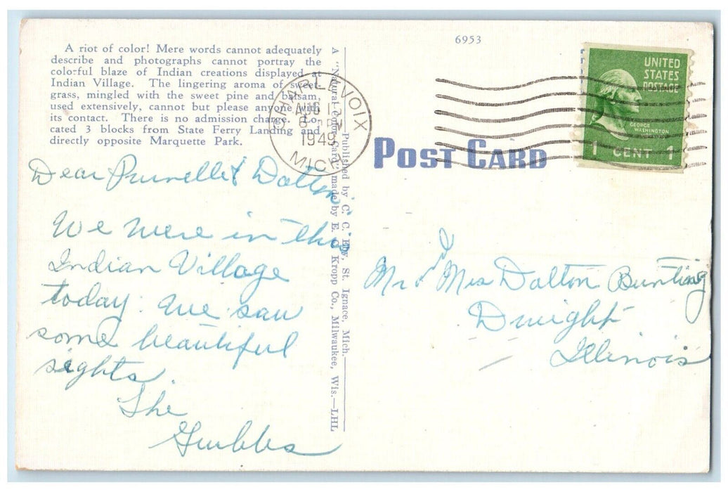 1949 Corner In The Indian Village Wag-In-Agon Sales Room St. Ignace MI Postcard