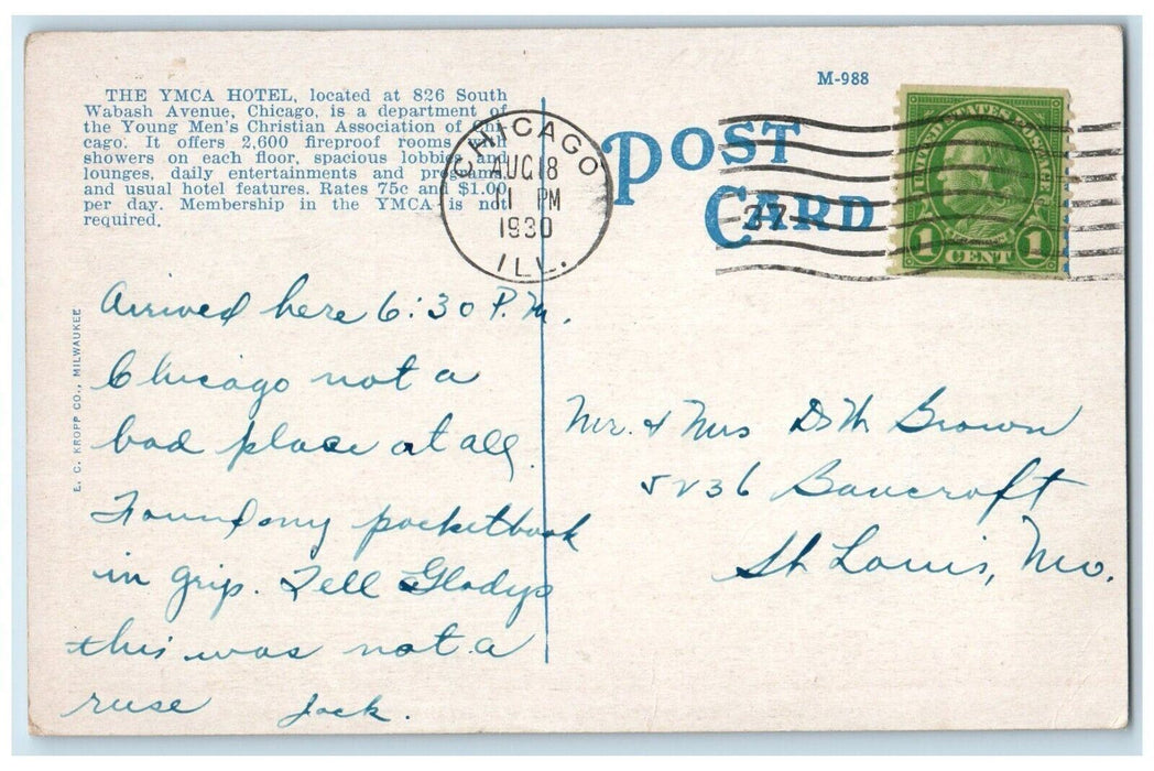 1930 East Room YMCA Hotel South Wabash Avenue Chicago Illinois IL Postcard