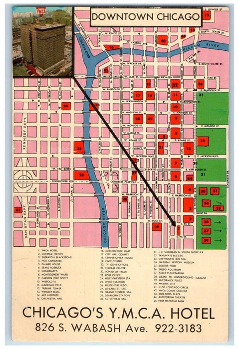 Chicago's YMCA Hotel Downtown Chicago Map Illinois IL Unposted Vintage Postcard