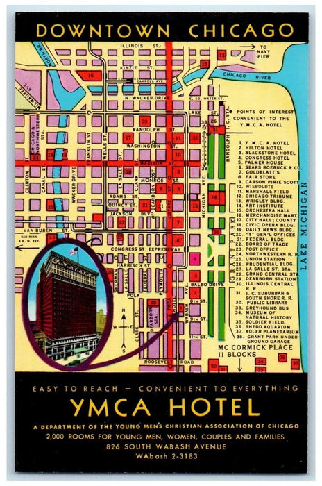 Chicago's YMCA Hotel Building Downtown Chicago Map Illinois IL Vintage Postcard