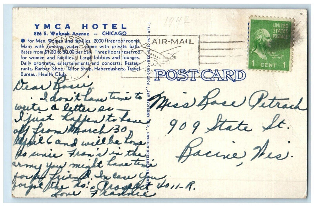 1942 YMCA Hotel Oriole Room Cafeteria Dining Room Chicago Illinois IL Postcard