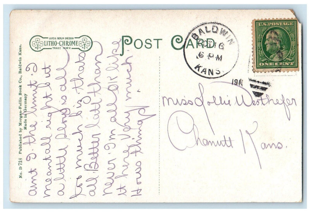 1911 Centenary Hall Baker University Baldwin Kansas KS Posted Antique Postcard