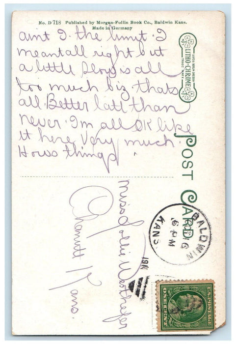 1911 Centenary Hall Baker University Baldwin Kansas KS Posted Antique Postcard