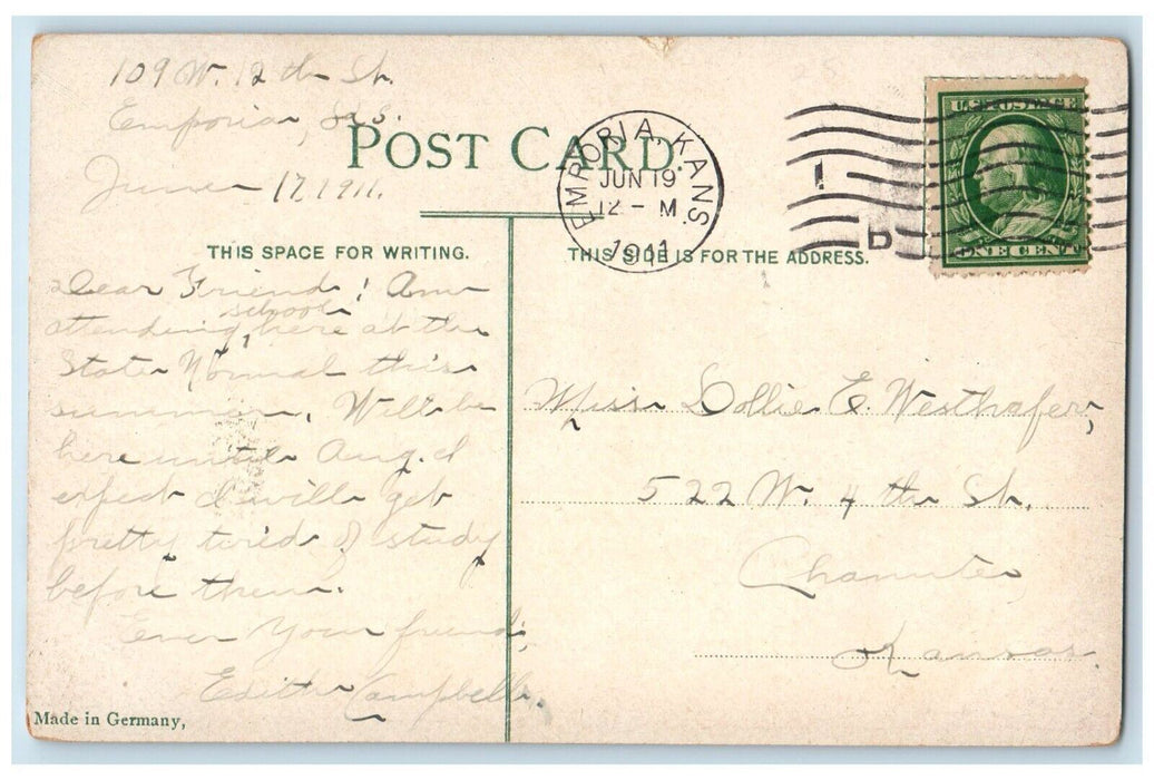 1911 Kansas State Normal Building Front View Emporia Kansas KS Antique Postcard