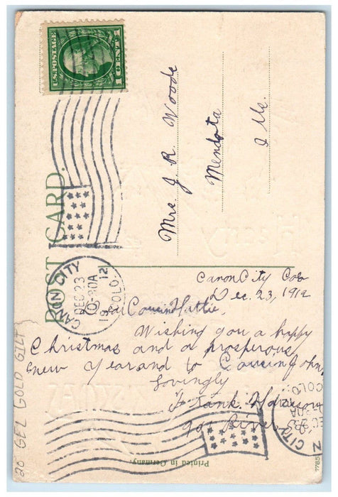 1912 Christmas Greetings Holly Gel Gold Gilt Embossed Cannon City CO Postcard
