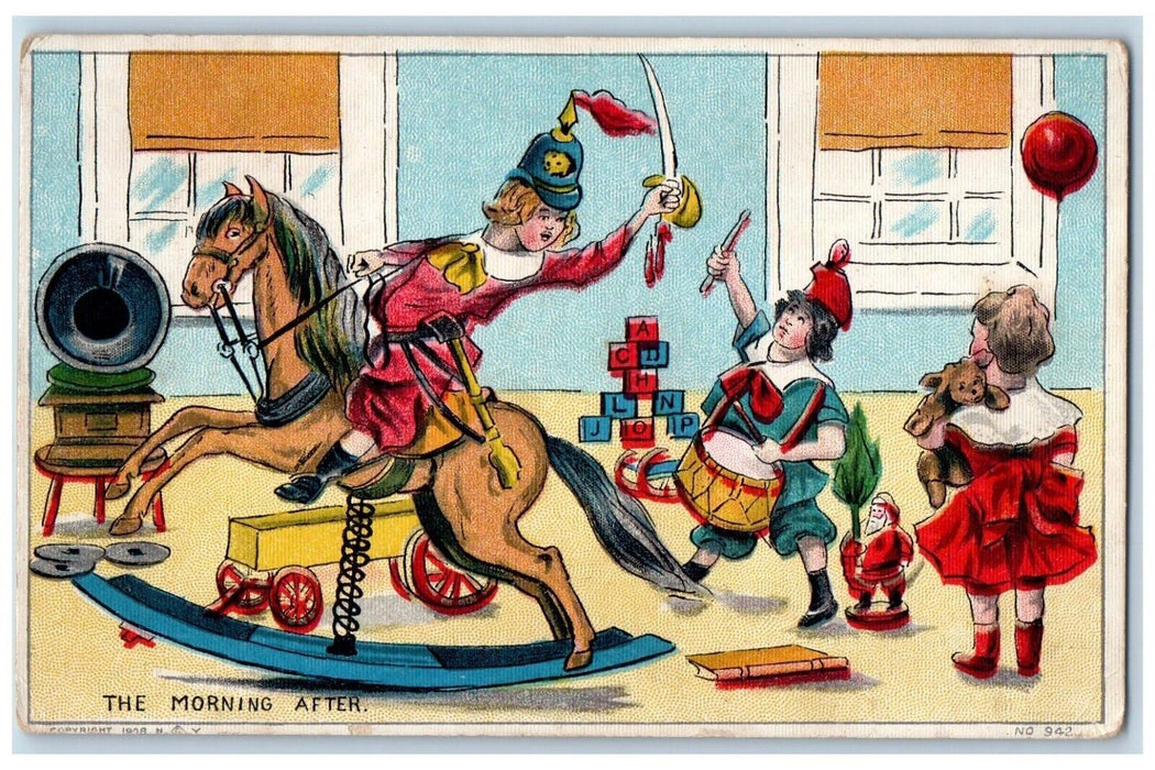 Christmas The Morning After Childrens Playing Rocking Horse Phonograph Postcard