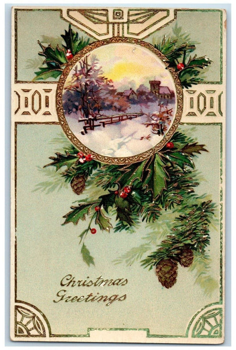 c1910's Christmas Greetings Holly Pince Cone Gel Gold Gilt Embossed Postcard