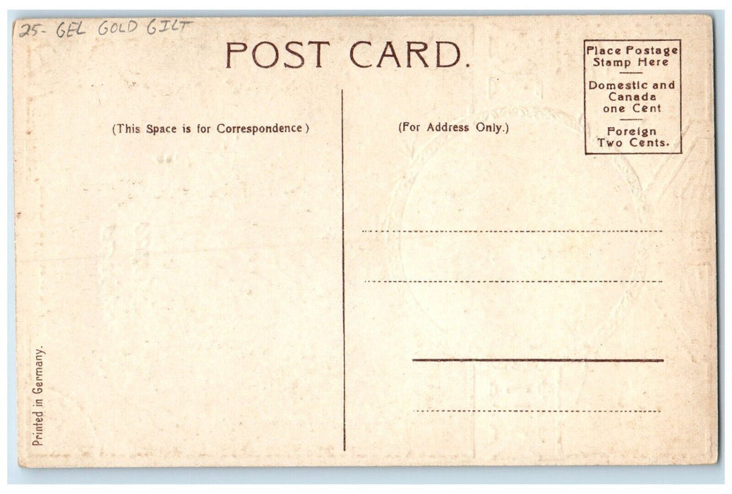 c1910's Christmas Greetings Holly Pince Cone Gel Gold Gilt Embossed Postcard