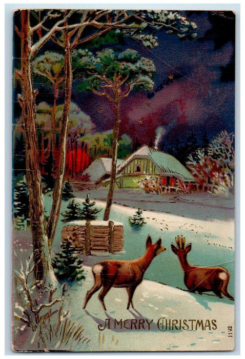 c1910's Christmas Deer Winter Snow House Smoke Gel Gold Gilt Embossed Postcard