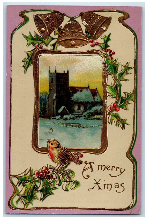 c1910's Christmas Song Brid Holly Bells Winter Gel Gold Gilt Embossed Postcard