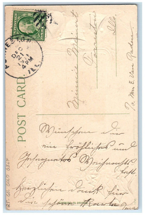c1910's Christmas Song Brid Holly Bells Winter Gel Gold Gilt Embossed Postcard