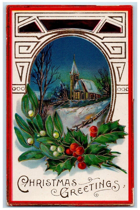 1911 Christmas Greetings Holly Berries House Gel Gold Gilt Embossed Postcard