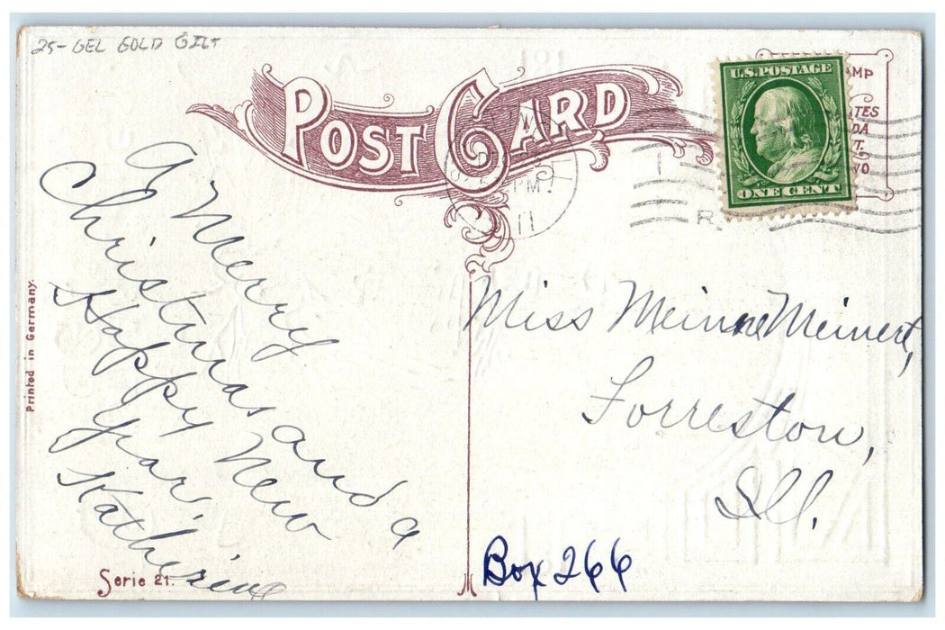 1911 Christmas Greetings Holly Berries House Gel Gold Gilt Embossed Postcard