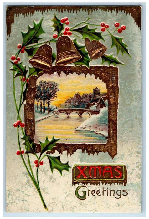 1911 Christmas Greetings Holly Bells Bridge Gel Gold Gilt Embossed Postcard