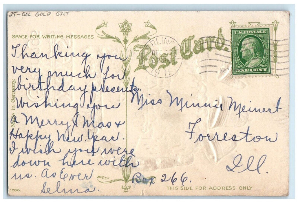 1911 Christmas Greetings Holly Bells Bridge Gel Gold Gilt Embossed Postcard