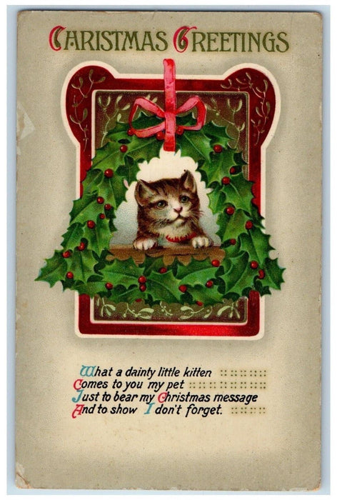 c1910's Christmas Greetings Holly Whreat Cat Kitten Posted Antique Postcard