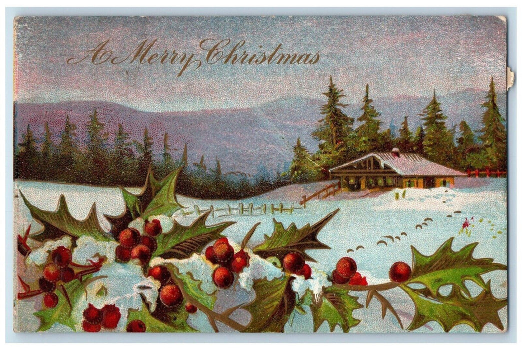 1909 Christmas Holly Berries Pine Tress House Winter Seal Elizabeth NY Postcard