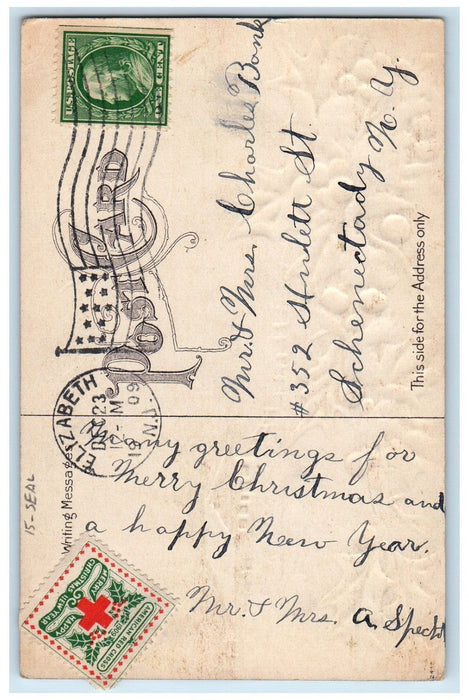 1909 Christmas Holly Berries Pine Tress House Winter Seal Elizabeth NY Postcard
