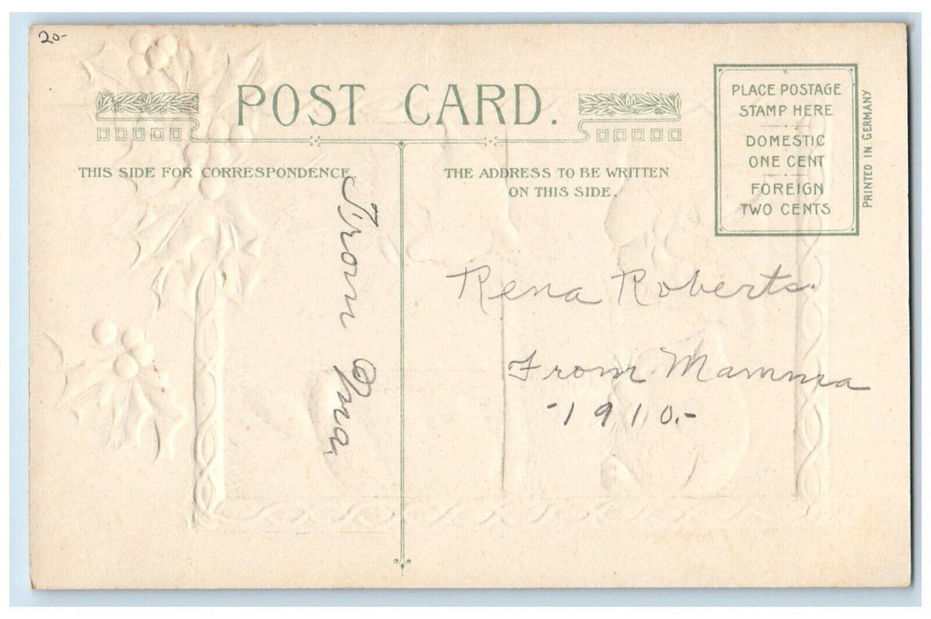 1910 Christmas Holly Berries Cat Kittens Winsch Back Embossed Antique Postcard