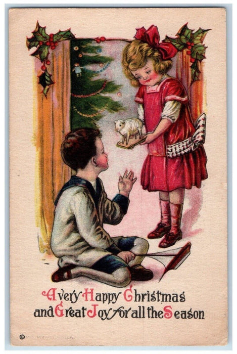 c1910's Christmas Boy Girl Present Gift Toy Holly Berries Antique Postcard