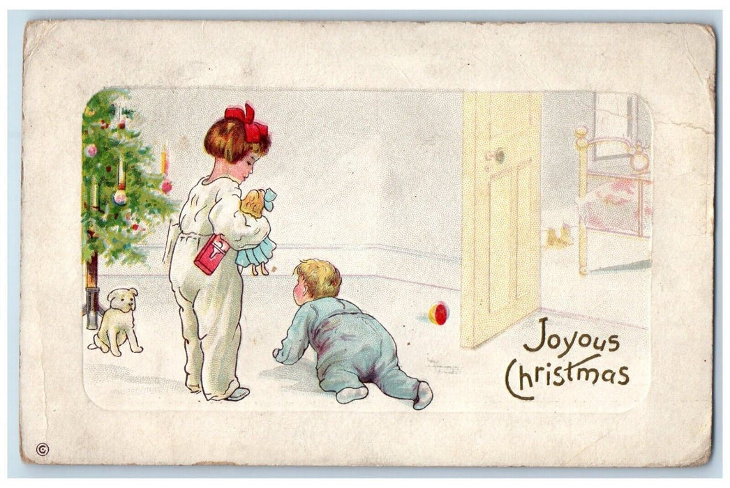 1913 Christmas Tree Mother Crawling Toddler Doll Embossed Antique Postcard