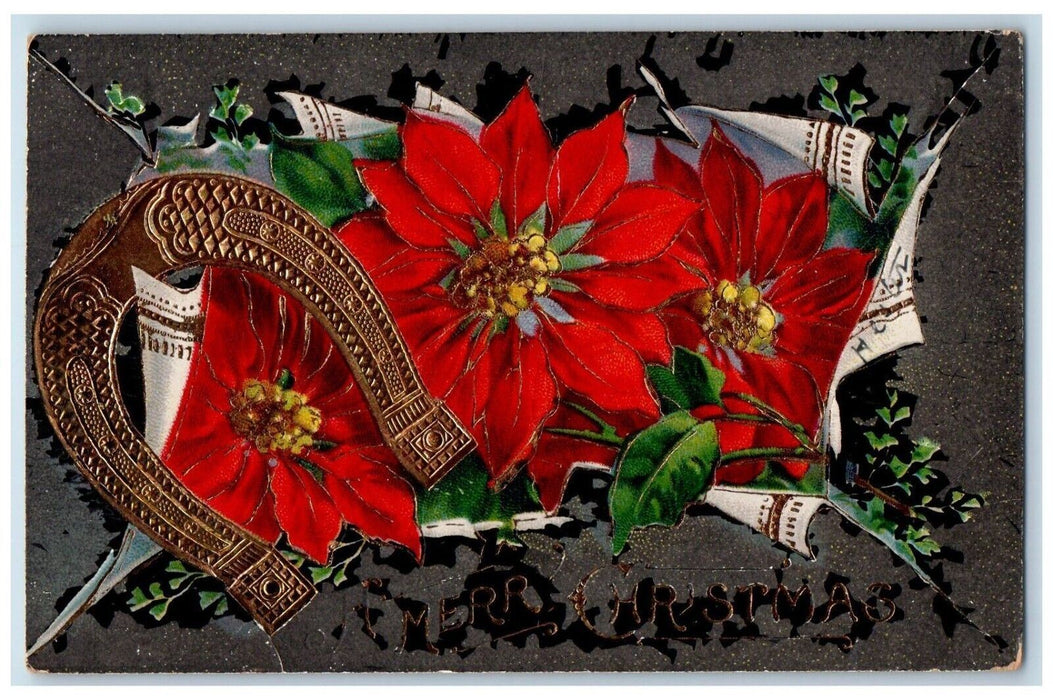 1916 Christmas Horseshoe Pointessia Flowers Gel Gold Gilt Embossed Postcard
