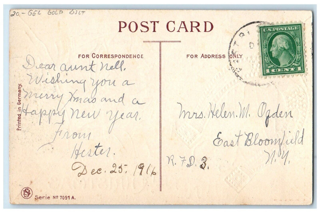 1916 Christmas Horseshoe Pointessia Flowers Gel Gold Gilt Embossed Postcard