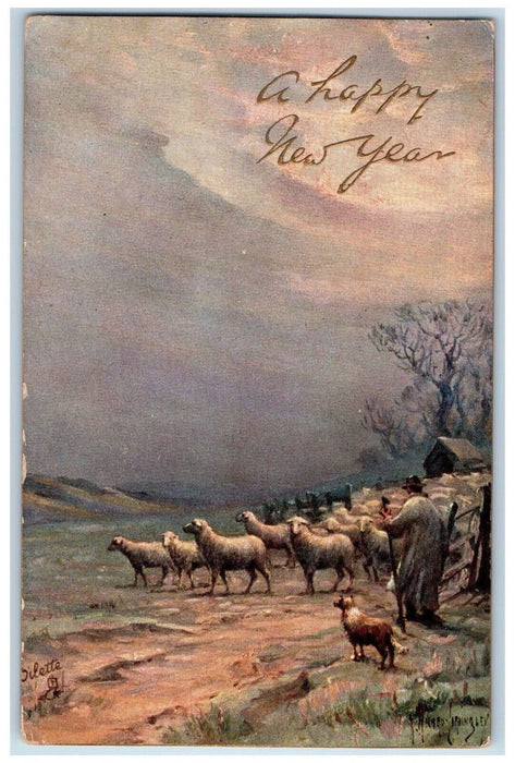 1907 A Happy New Year Flock Shepherd Oilette Connoisseur Tuck Art Postcard