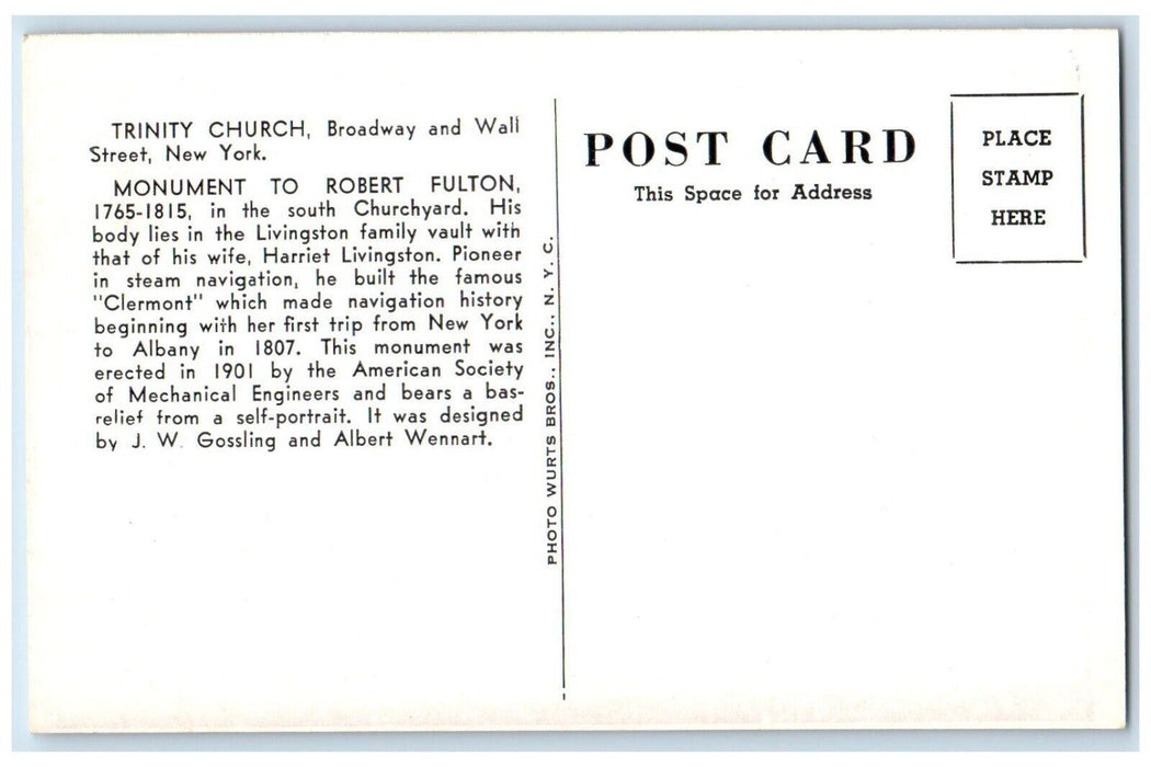 Robert Fulton Monument Trinity Church Broadway Wall Street New York NY Postcard