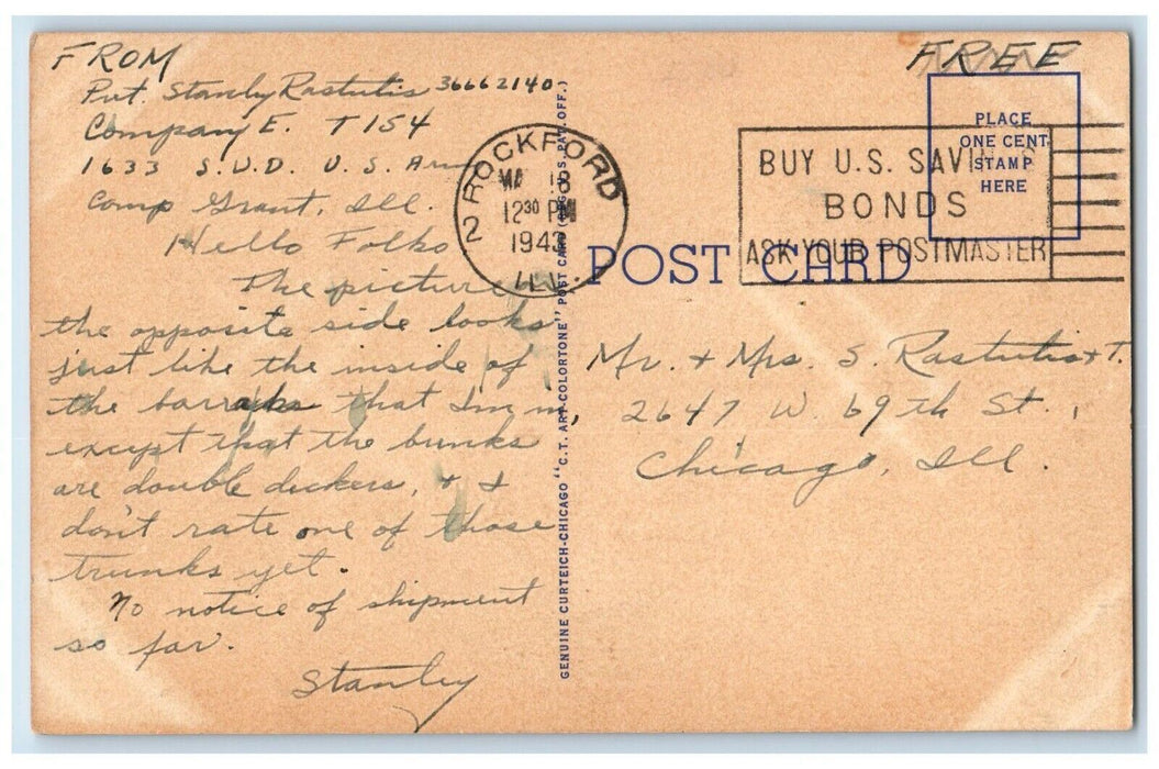 1943 Squad Room Army Bed Chest Barracks Camp Grant Illinois IL Vintage Postcard