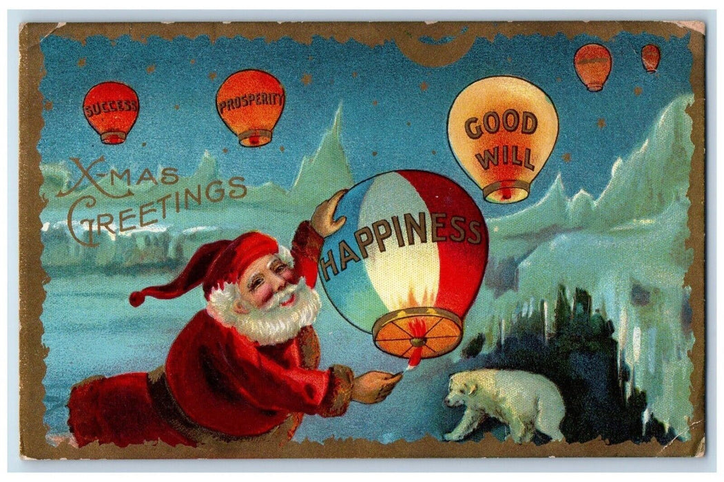 c1910's Christmas Greetings Santa Claus Fire Air Balloon Dog Embossed Postcard