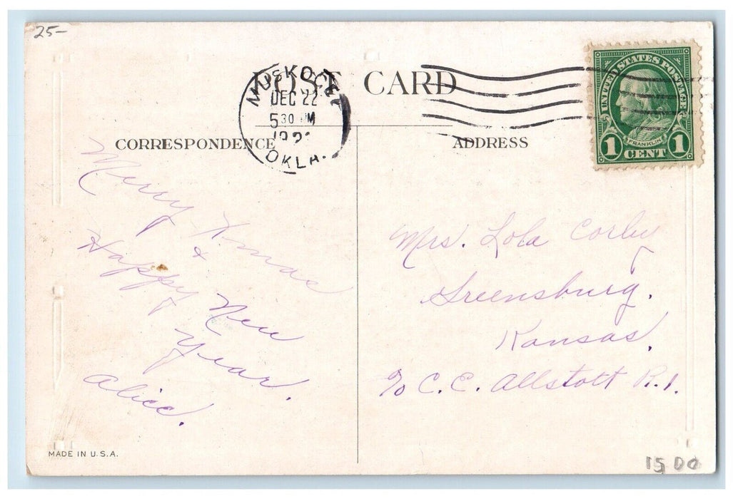 c1920's Christmas Greetings Santa Claus Sack Of Toys Fireplace Stocking Postcard