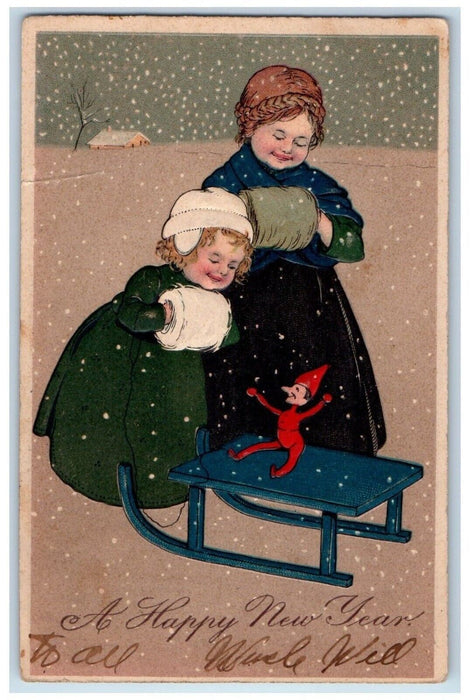 1906 Happy New Year Mother And Daughter Warmer Toy Snowfall Embossed Postcard