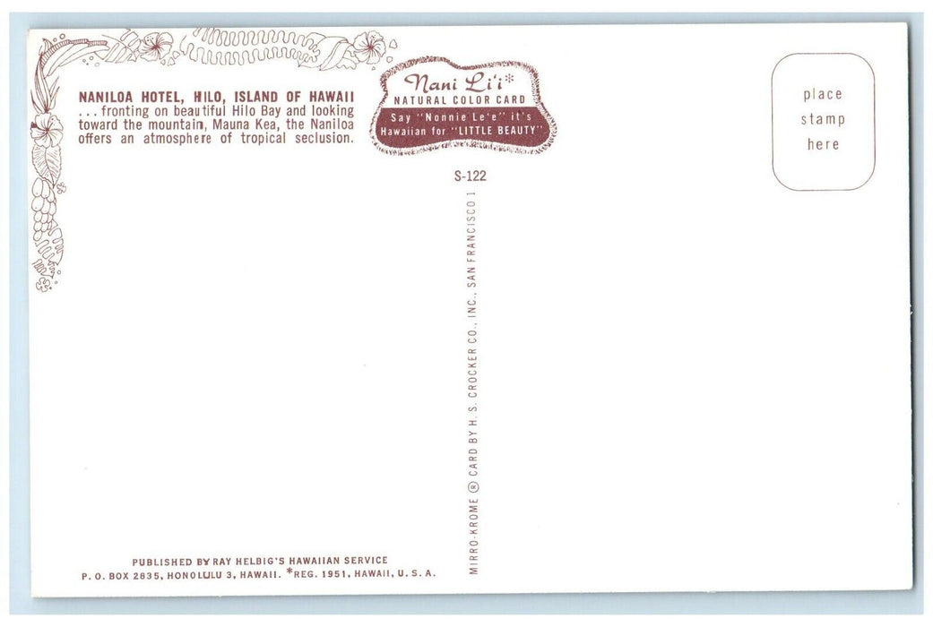 1960 Maniloa Hotel Hilo Island Hawaii Nani Lii Natural Color Card Postcard