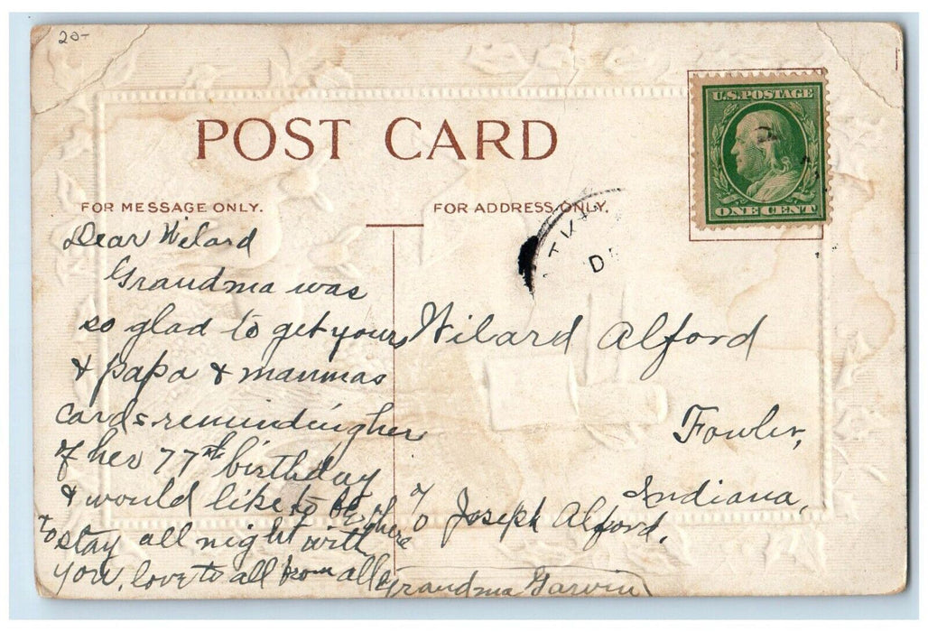 c1910's Christmas Holly December 25 Deer In Winter Moon View Embossed Postcard