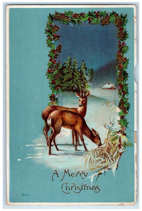 1912 Christmas Holly Deer Winter Embossed Chicago Illinois IL Antique Postcard