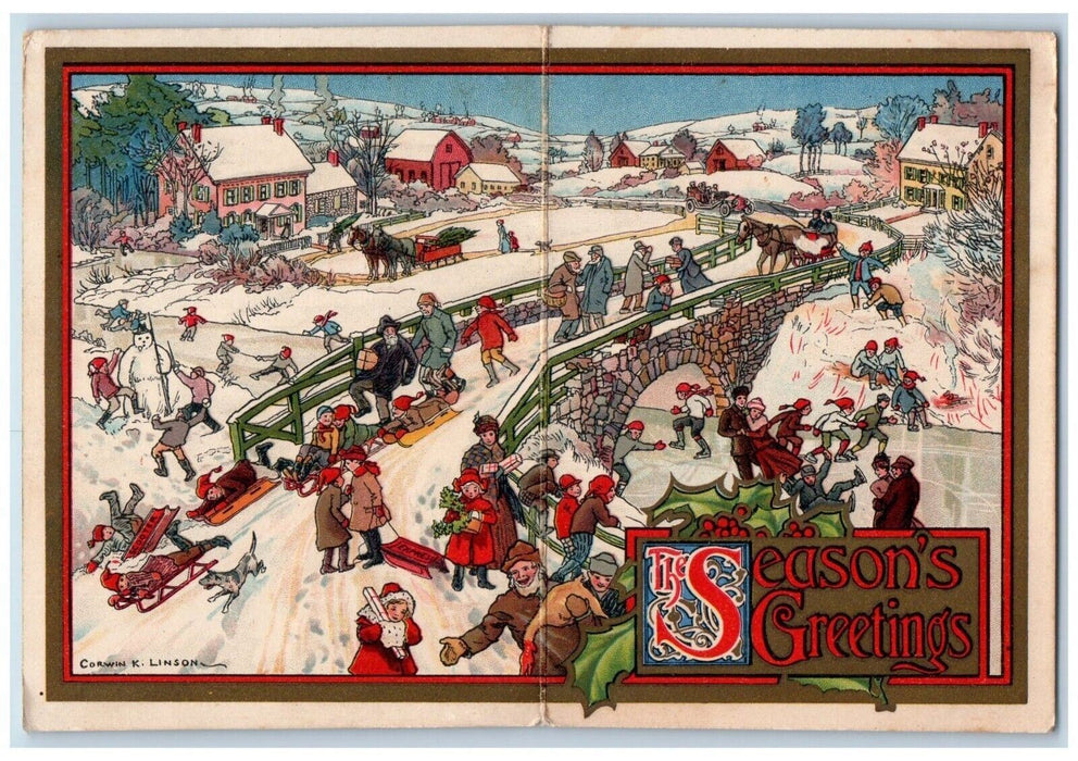 Christmas Season's Greetings Busy Day Sledding Winter Snowman Antique Postcard