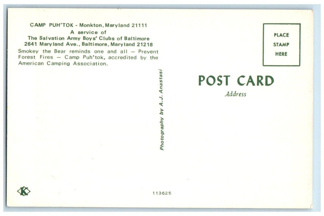 1960 Camp Puhtok Monkton Smokey Older Boys Club Baltimore Maryland MD Postcard