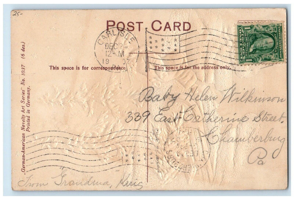 1907 Christmas Angel Pulling Cart Pine Tree Moon Embossed Carlisle PA Postcard