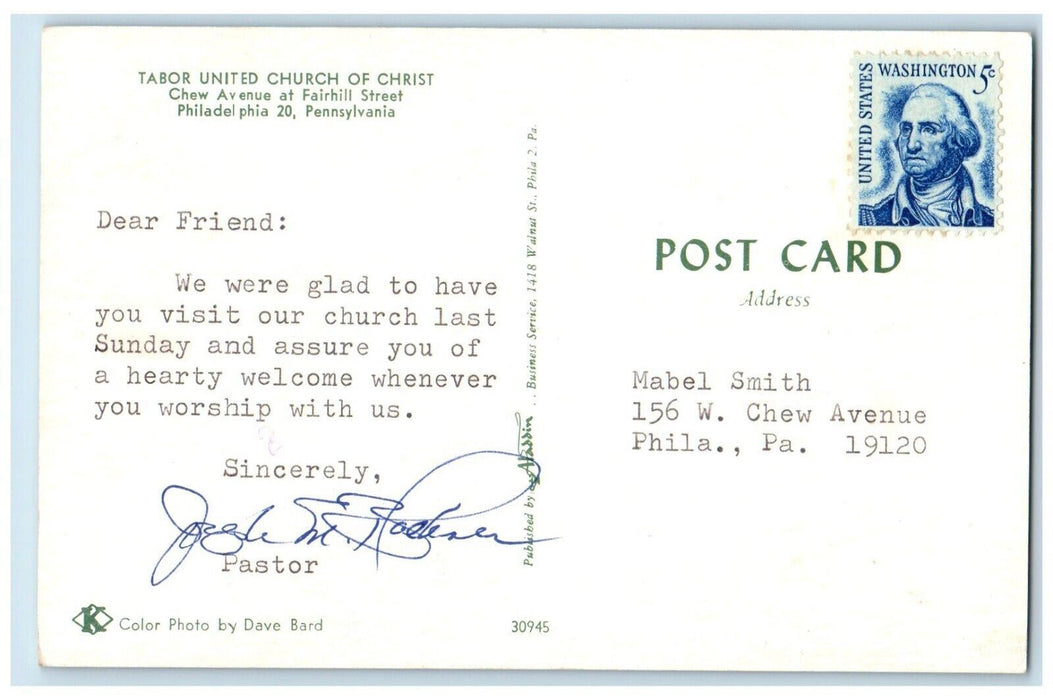 c1960 Tabor United Church Christ Chew Avenue Philadelphia Pennsylvania Postcard